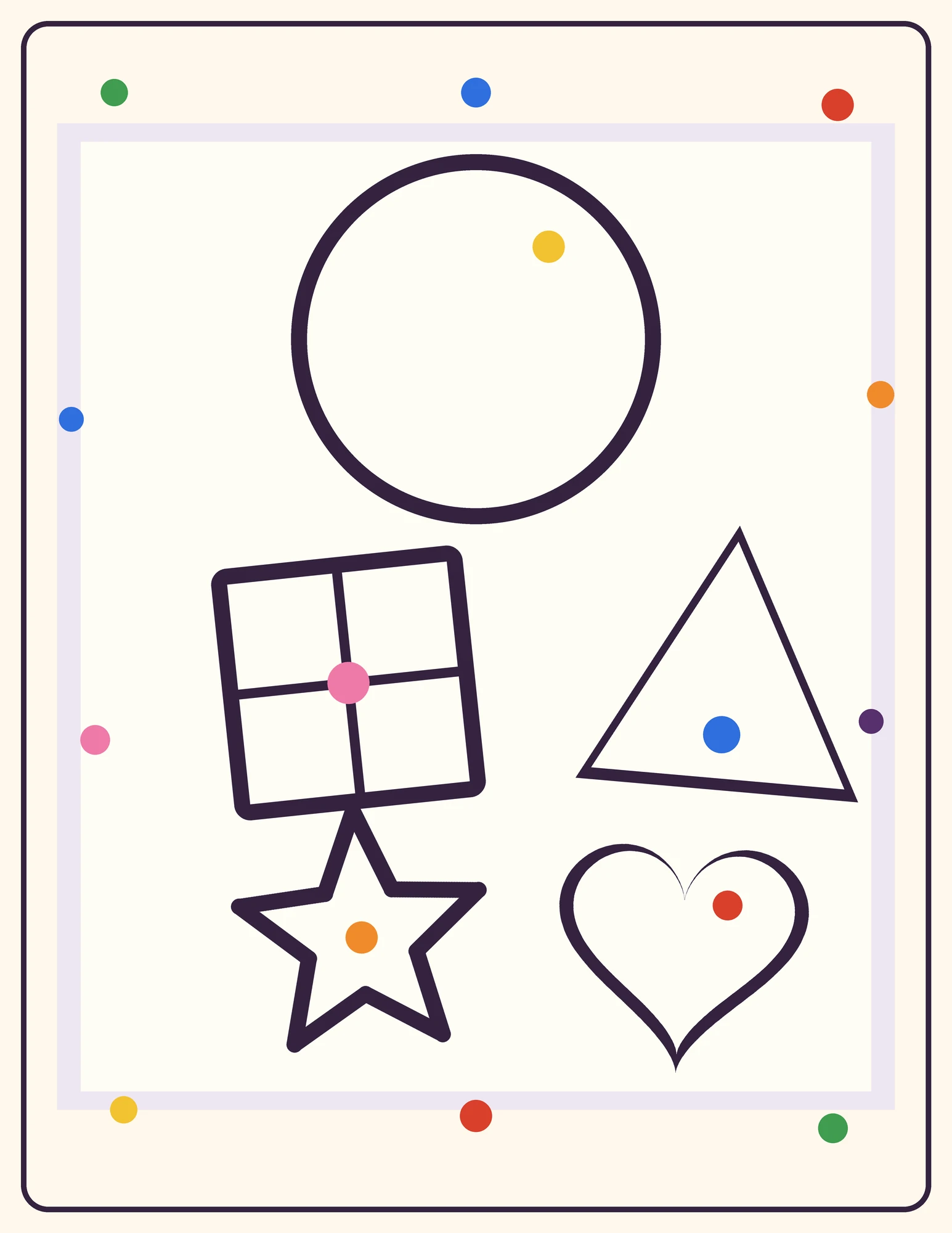 The Shapes coloring pages cover: five bold-outlined shapes — a circle, a window square, a triangle, a star and a heart — with crayon dots in the Kiddo colors.